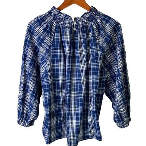 J Crew Plaid Smocked Ruffleneck Top Ansley Blue Wash Ballon 3/4 Sleeve High Neck - Picture 6 of 16